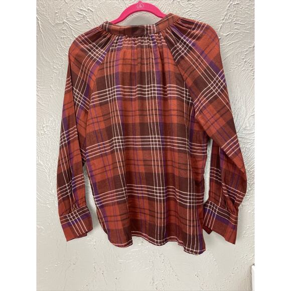Susina Orange Maroon Flannel Plaid Button Down Raglan Blouse Shirt Size Small - Picture 2 of 3